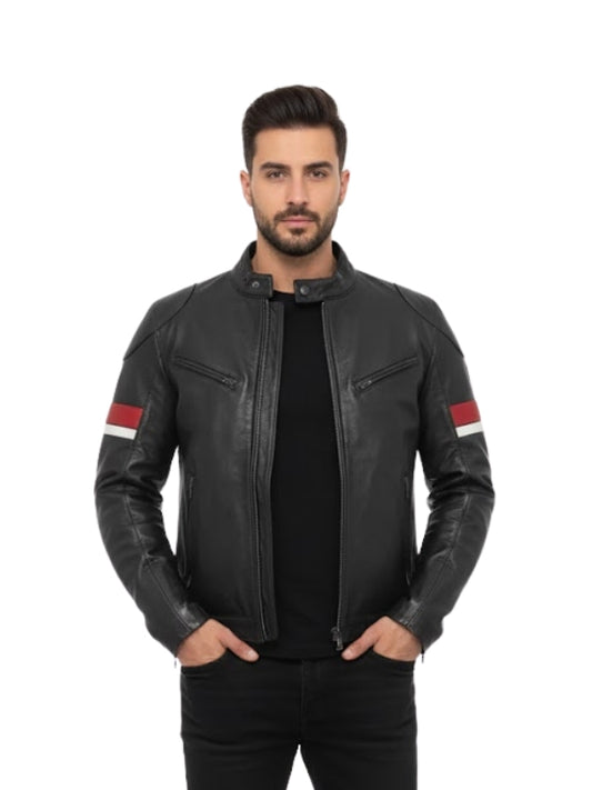 Man wearing a black leather jacket with red and white accents on a white background