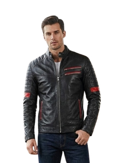 Man wearing a black leather jacket with red accents on a white background