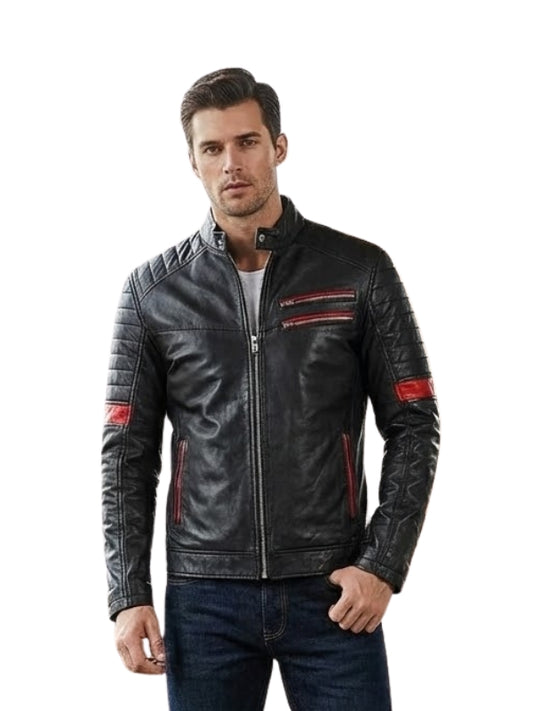 Man wearing a black leather jacket with red accents on a white background