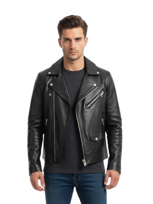 Men's Black Cross Zipper Biker Leather Jacket