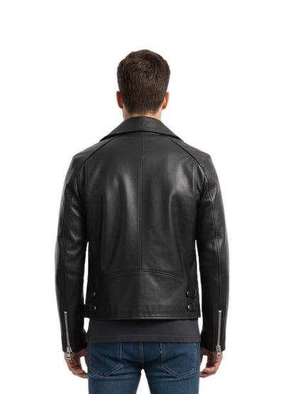 Men's Black Cross Zipper Biker Leather Jacket