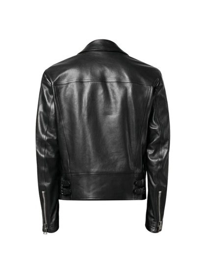 Men's Long Sleeves Black Cross Zipper Biker Leather Jacket