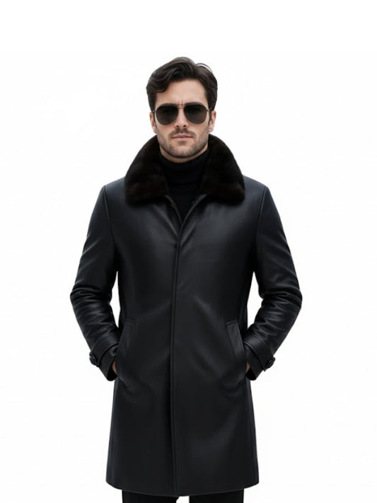 Men's Black Faux Fur Real Shearling Leather Coat