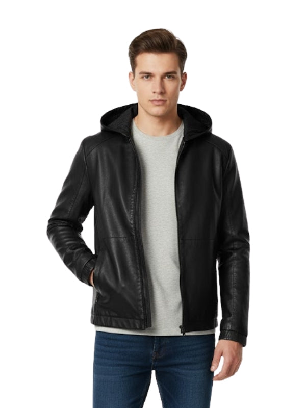 Man wearing a black leather jacket on a white background