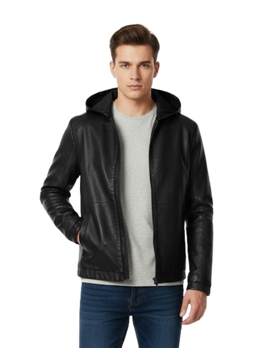 Man wearing a black leather jacket on a white background