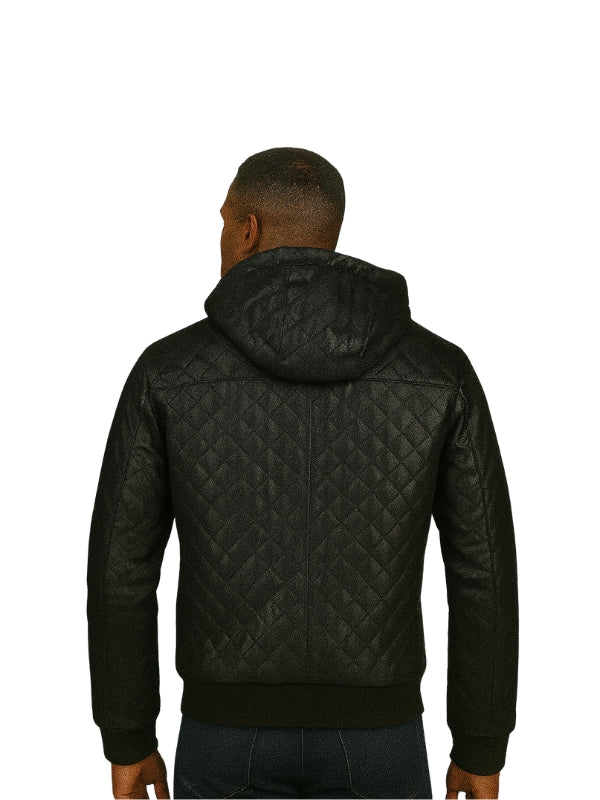 Men's Black Hooded Bomber Quilted Leather Jacket