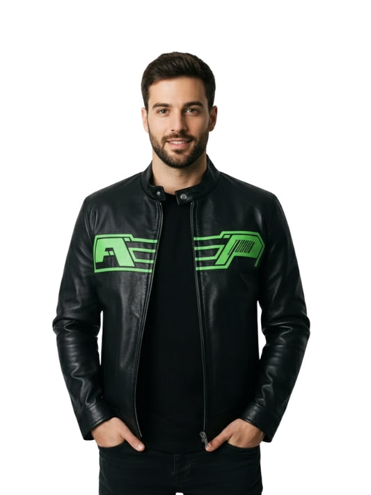 Man wearing a black leather jacket with green logo on a white background