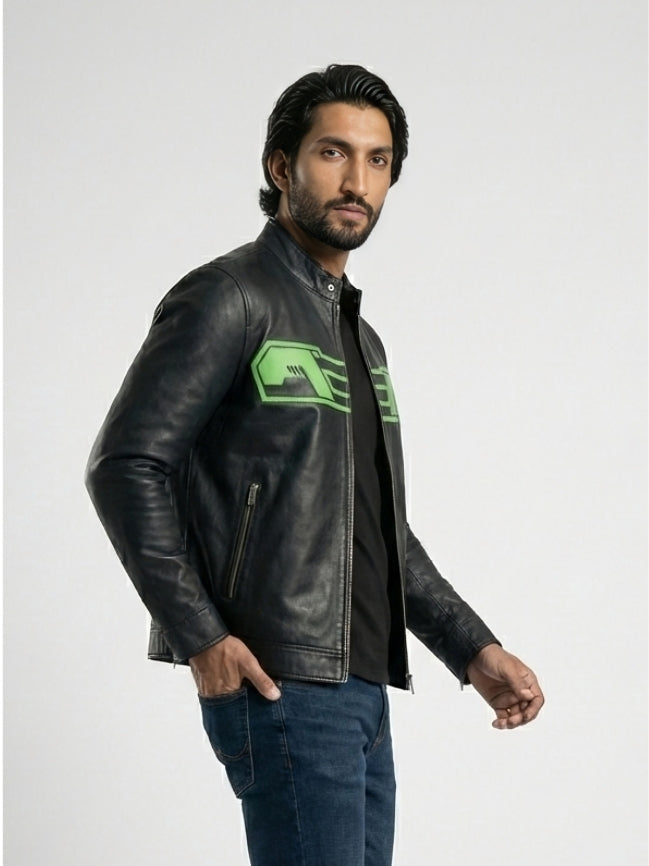 Man wearing a black leather jacket with a green logo on a white background