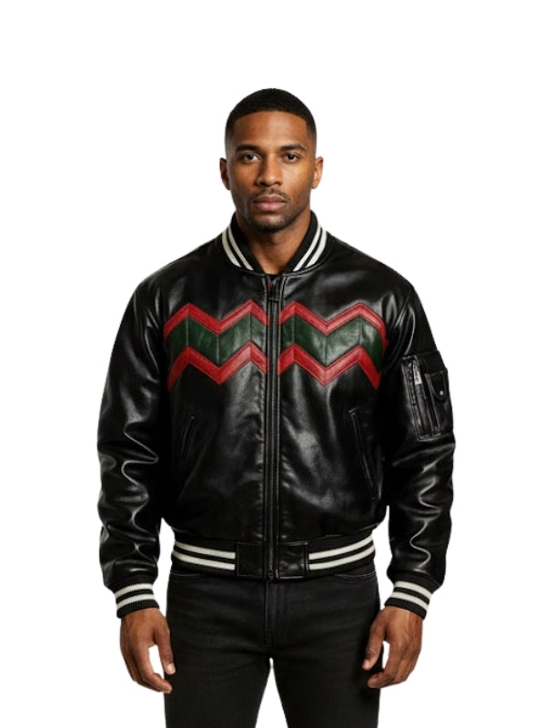 Man wearing a black leather jacket with red and green chevron pattern on a white background