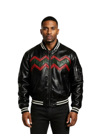 Man wearing a black leather jacket with red and green chevron pattern on a white background