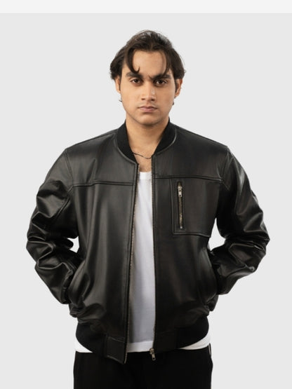 Man wearing a black leather jacket on a white background