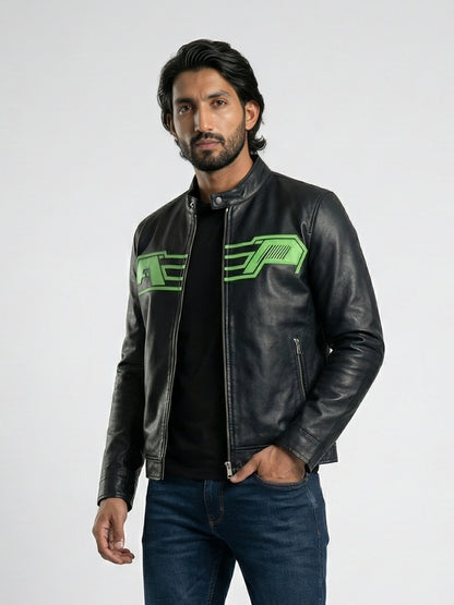 Man wearing a black leather jacket with green logo on a white background