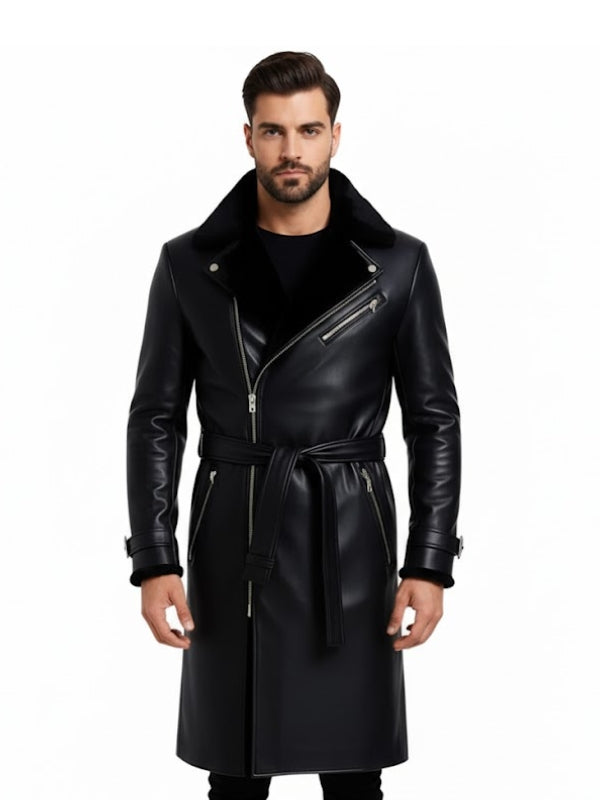 Men's Black Leather Trench Coat with Fur Collar