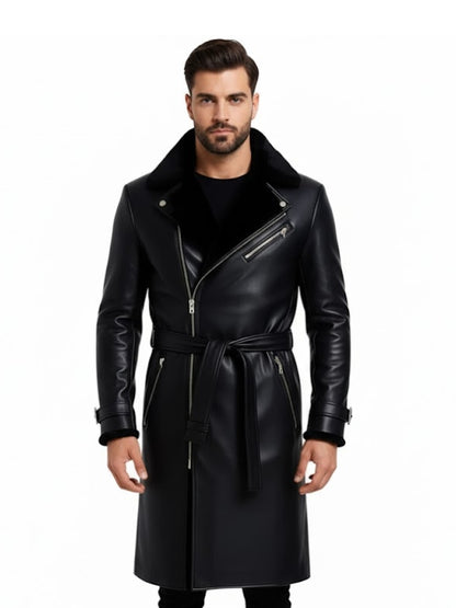 Men's Black Leather Trench Coat with Fur Collar