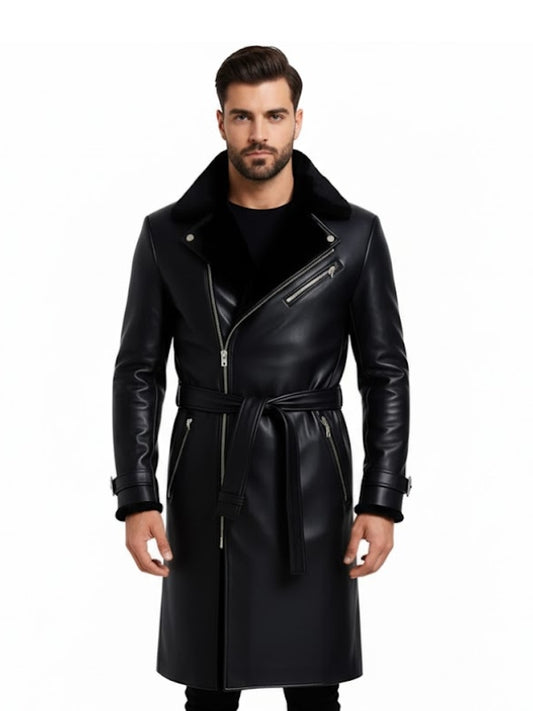 Men's Black Leather Trench Coat with Fur Collar