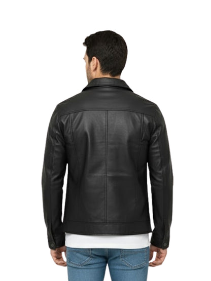 Man wearing a black leather jacket on a white background