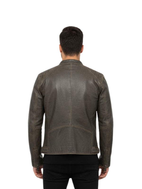 Man wearing a brown leather jacket on a white background