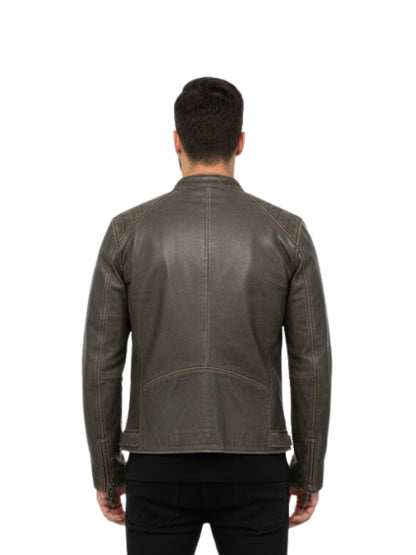 Man wearing a brown leather jacket on a white background