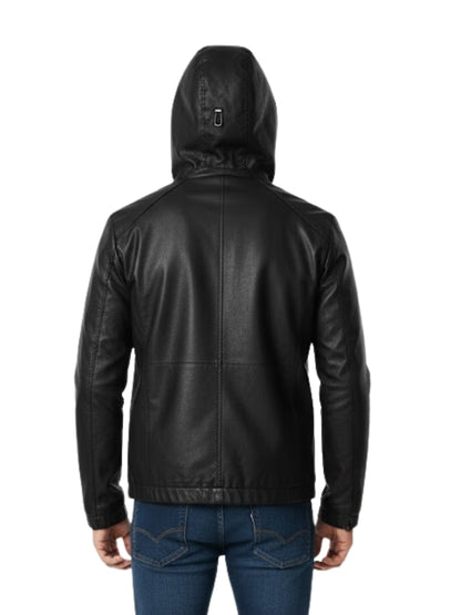 Black leather jacket with a hood on a white background