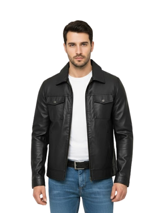 Man wearing a black leather jacket over a white shirt on a white background