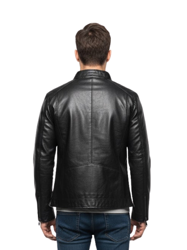 Man wearing a black leather jacket on a white background