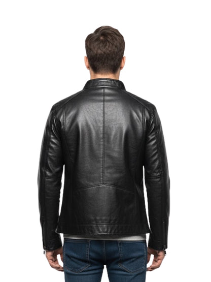 Man wearing a black leather jacket on a white background