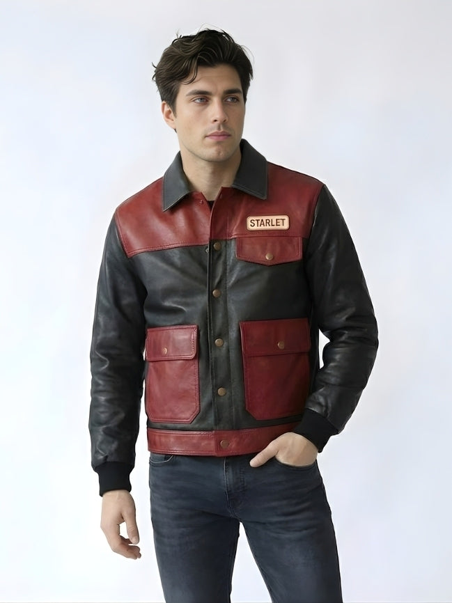 Man wearing a red and black leather jacket with 'Starlet' branding on a white background