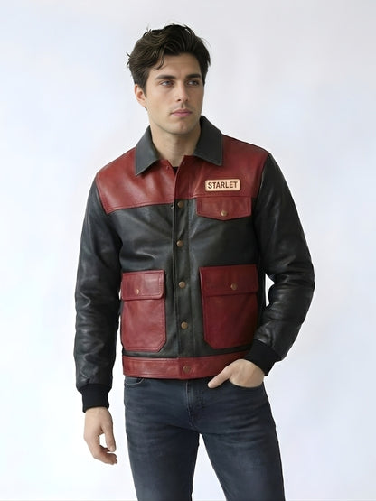 Man wearing a red and black leather jacket with 'Starlet' branding on a white background