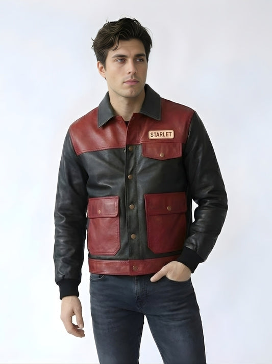 Man wearing a red and black leather jacket with 'Starlet' branding on a white background