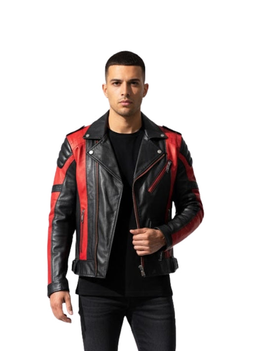 Man wearing a black and red leather jacket on a white background