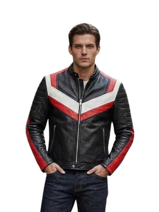 Men’s Black & Red Stripes Biker Leather Jacket