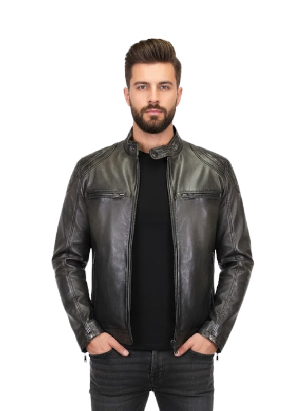Man wearing a black leather jacket on a white background