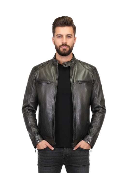 Man wearing a black leather jacket on a white background