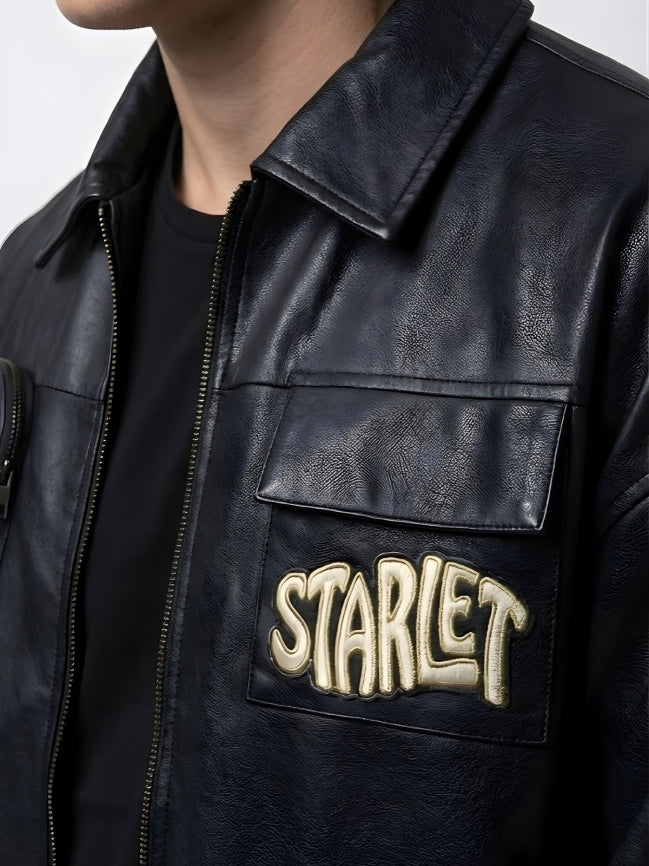 Black leather jacket with 'STARLET' patch on a plain background