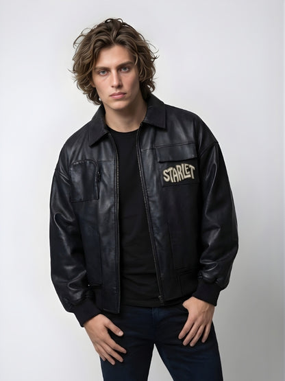 Man wearing a black leather jacket with 'Starlet' branding on a white background
