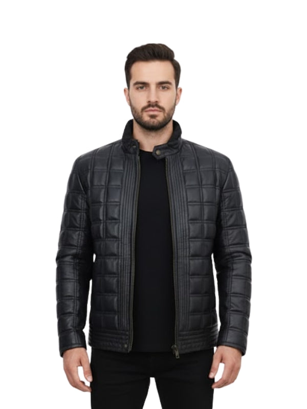 Man wearing a black quilted jacket on a white background