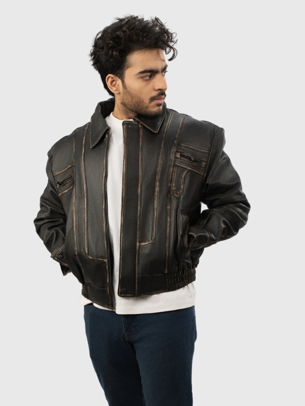 Man wearing a brown leather jacket on a white background
