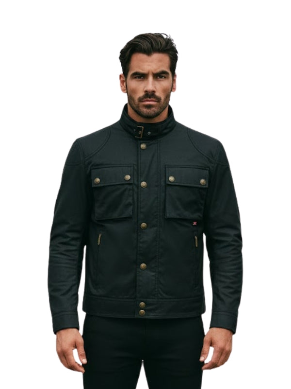 Man wearing a black jacket with gold buttons on a white background