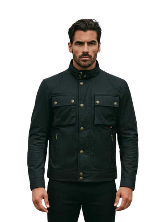 Man wearing a black jacket with gold buttons on a white background