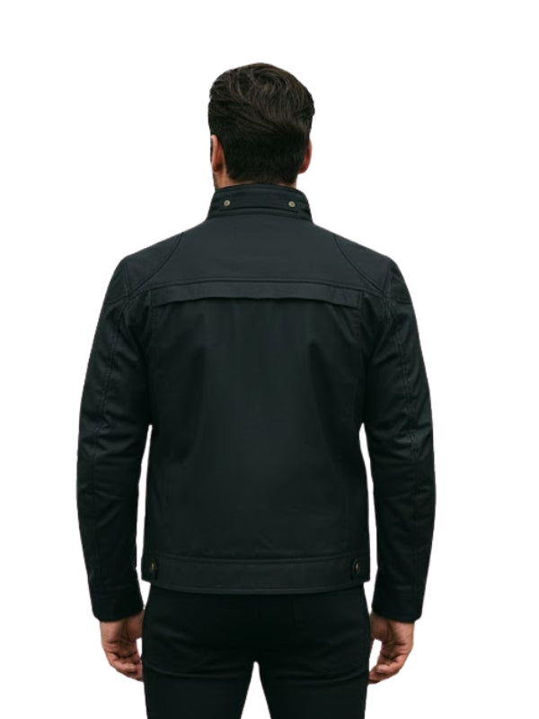 Man wearing a black jacket on a white background
