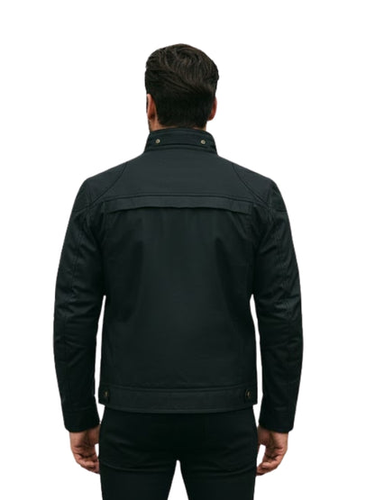 Man wearing a black jacket on a white background
