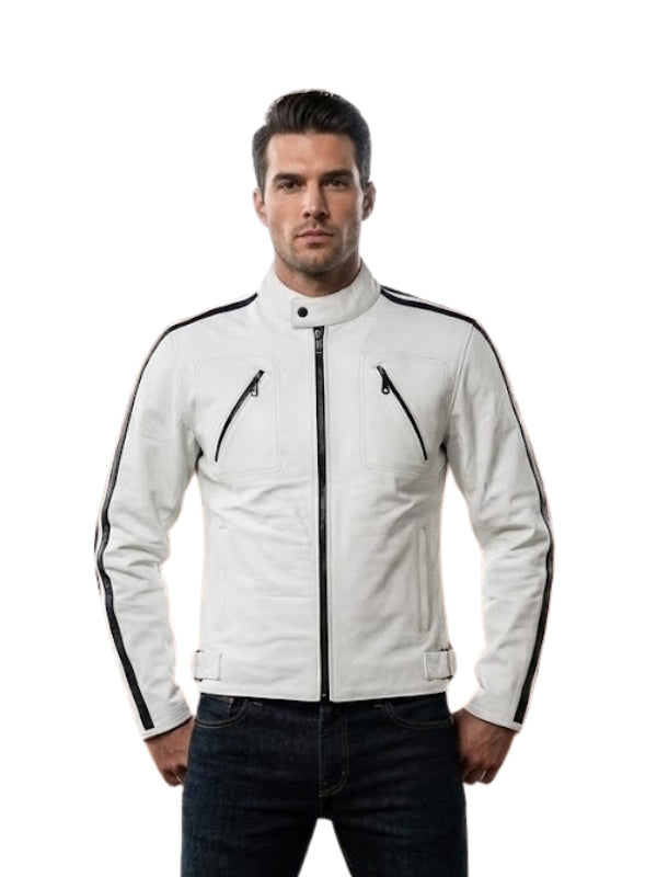 Man wearing a white motorcycle jacket with black accents on a white background