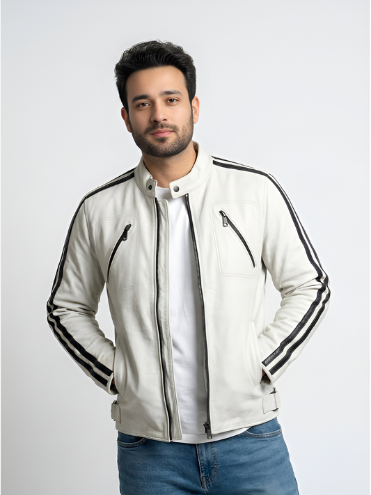 Man wearing a white jacket with black stripes on a light gray background