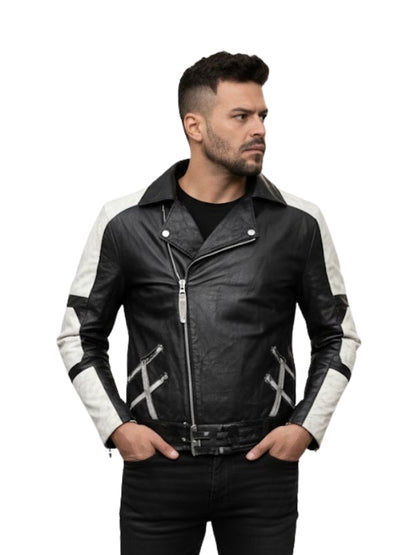Man wearing a black and white leather jacket on a white background