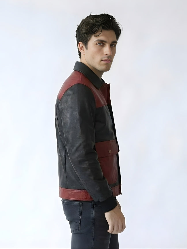 Man wearing a black and red leather jacket on a white background