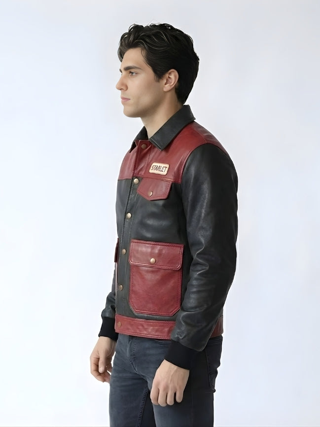 Man wearing a black and red leather jacket on a white background