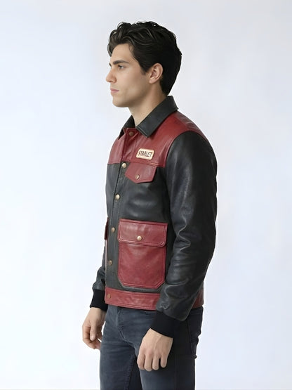 Man wearing a black and red leather jacket on a white background