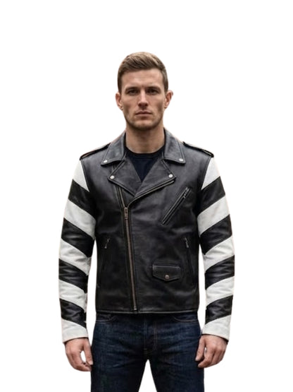 Man wearing a black and white striped leather jacket on a white background