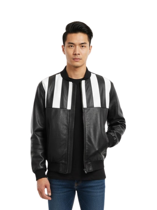 Men's Black and White Striped Leather Bomber Jacket