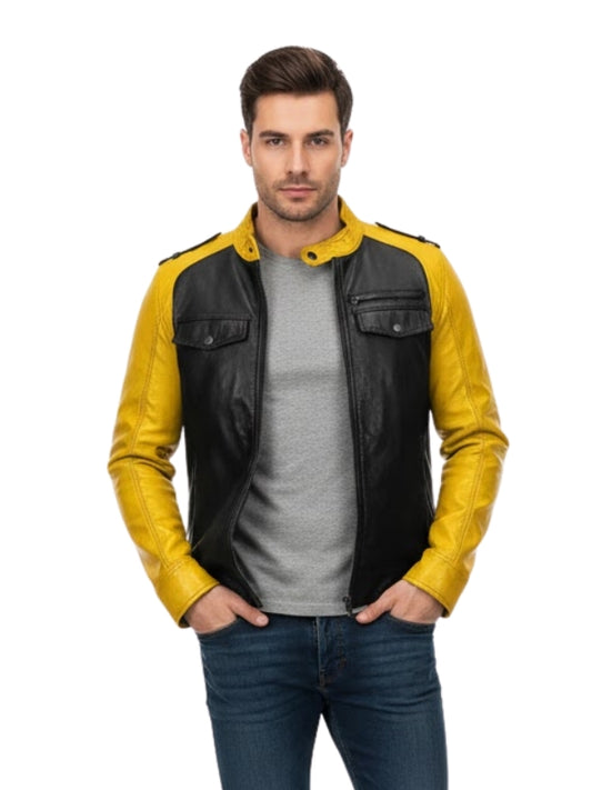 Man wearing a black and yellow leather jacket on a white background